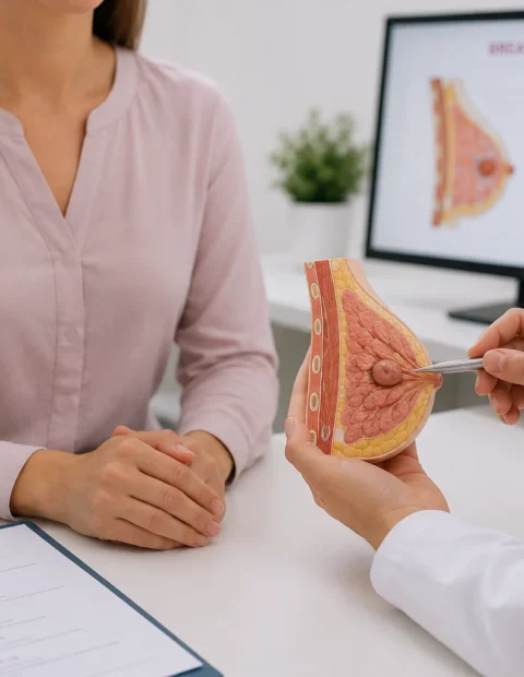 Doctor explaining breast cancer using an anatomical breast model