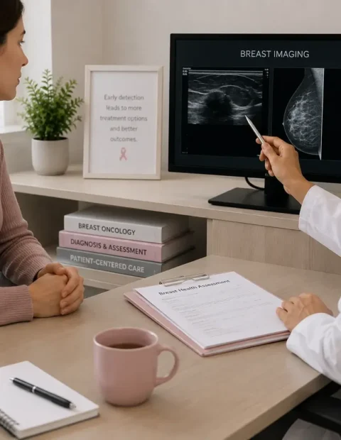 Clinician reviewing breast imaging with a patient during assessment