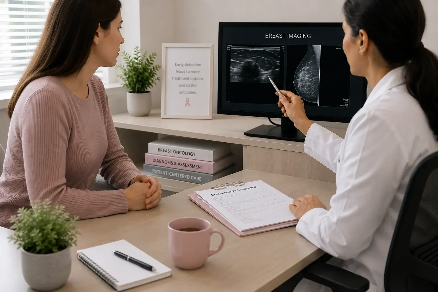 Clinician reviewing breast imaging with a patient during assessment