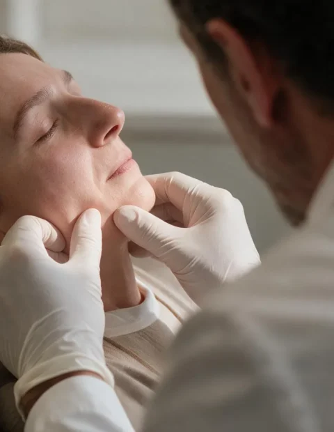 Clinician examining a patient's jaw before facial trauma surgery