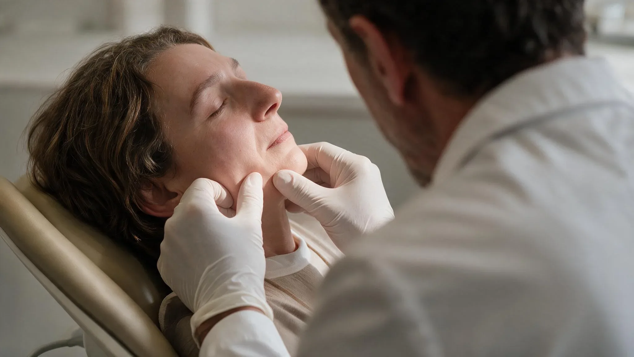 Clinician examining a patient's jaw before facial trauma surgery