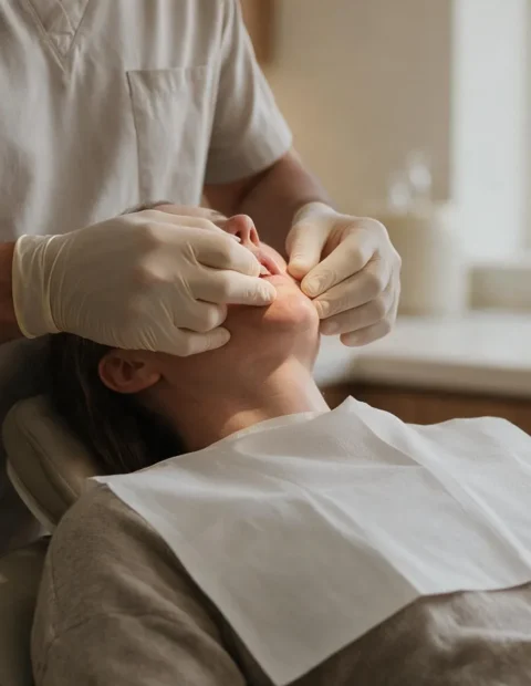 Clinician examining a patient's jaw during a TMJ surgery consultation