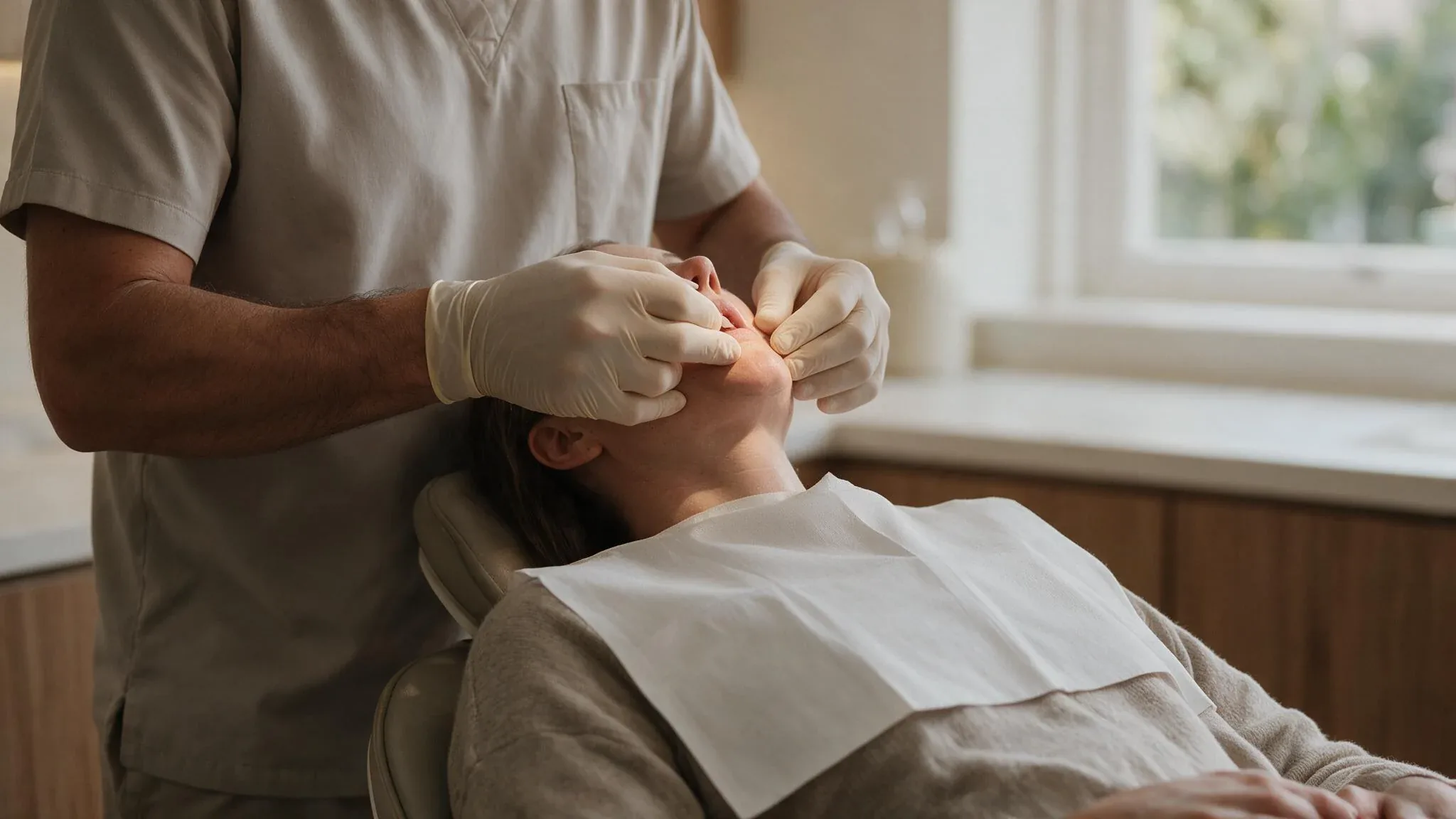 Clinician examining a patient's jaw during a TMJ surgery consultation